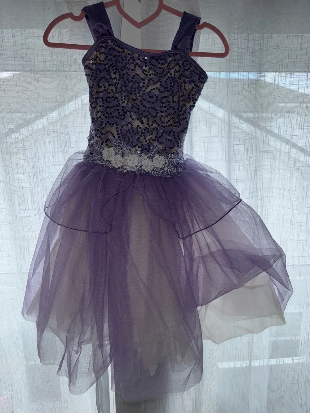 Weissman Purple Sequin Tulle Party Dress with Floral Waist